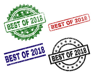 BEST OF 2018 seal prints with distress texture. Black, green,red,blue vector rubber prints of BEST OF 2018 text with corroded texture. Rubber seals with circle, rectangle, medal shapes.