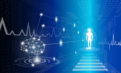 Fototapeta premium abstract background technology concept in blue light,brain and human body heal ,technology modern medical science in future and global international medical with tests analysis clone DNA human