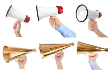 Set of people with different megaphones on white background