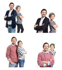 Set with stylish son and father on white background