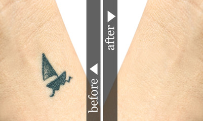 Close up of wrist of young woman with ship tattooed in it, on sea background