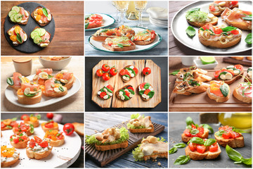 Set with different delicious bruschettas