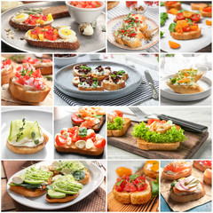 Set with different delicious bruschettas