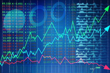 Stock exchange graphs and rates on color background. Financial trading concept