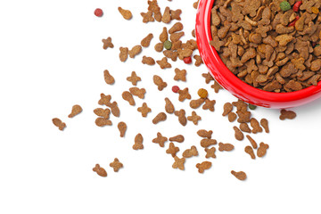 Bowl with food for cat or dog on white background. Pet care