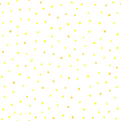 Irregular yellow polka dot scattered on white background. Spotted seamless pattern.