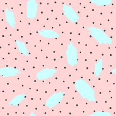 Repeated rounded dots and watercolour brush strokes. Cute abstract seamless pattern. Sketch, watercolor, paint.