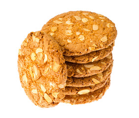 Cookies with oat flakes, nuts, isolated on white. Studio Photo 