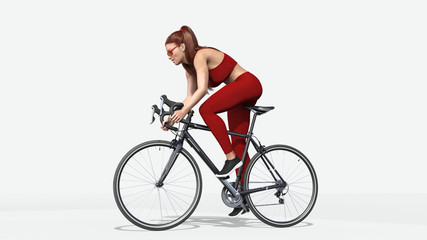 Fototapeta na wymiar Girl with long hair on a bicycle, redhead athletic woman in sports outfit riding a bike, 3D rendering