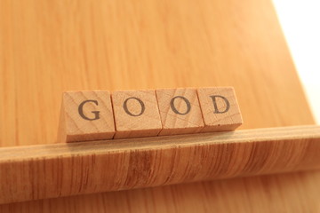 TOKYO, JAPAN. 2018 July 20th. Wooden Block Text of Good