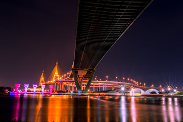 Fototapeta na wymiar BANGKOK, THAILAND-MAY: The Bhumibol Bridge, one of Thailand's most famous bridges, spanning the river Choa Phraya on May 17, 2018 in Bangkok, Thailand.