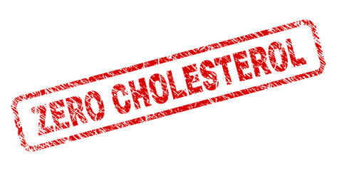 ZERO CHOLESTEROL stamp seal print with scratced style. Red vector rubber print of ZERO CHOLESTEROL text with retro texture. Text caption is placed inside rounded rectangle frame.