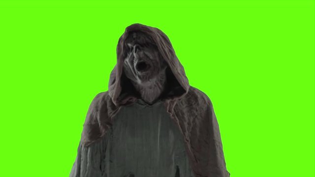A scary monster with a green screen background.