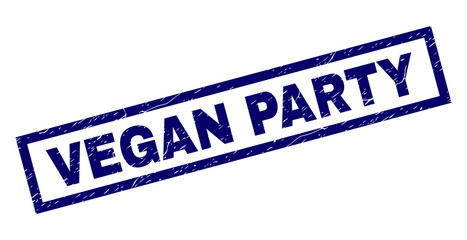 Rectangle VEGAN PARTY seal watermark with corroded surface. Rubber seal imitation has rectangle frame. Blue vector rubber print of VEGAN PARTY title with corroded texture.