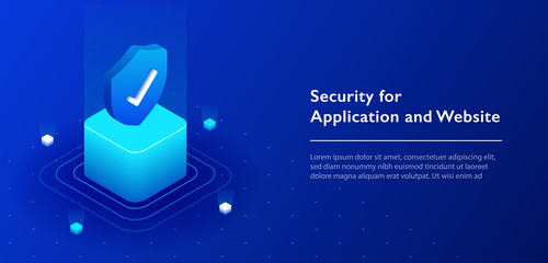 3D isometric illustration of security shield server for data protection concept landing page or web template design.