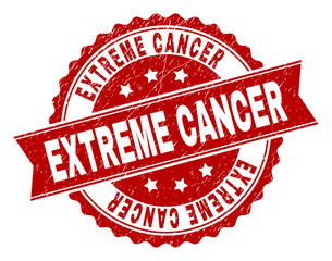 EXTREME CANCER seal print with distress texture. Rubber seal imitation has round medal shape and contains ribbon. Red vector rubber print of EXTREME CANCER text with corroded texture.