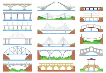 Bridge vector urban crossover architecture and bridge-construction for transportation illustration bridged set of river bridge-building with carriageway isolated on white background - obrazy, fototapety, plakaty