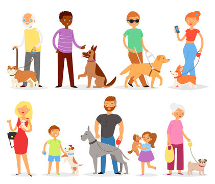 Dog-breeding vector people with pet and woman or man dog-breeder with dog or puppy illustration doggish set of children girl or boy playing with doggie animal character isolated on white background