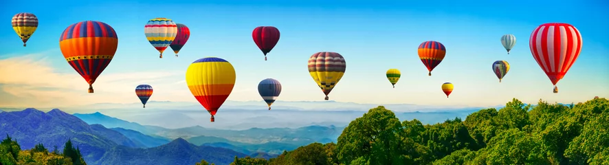 Poster Panorama van de berg met heteluchtballonnen op ochtend in Thailand. © applezoomzoom
