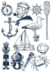nautical object set in vintage engraving style - obrazy, fototapety, plakaty