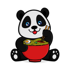 Panda eats noodles