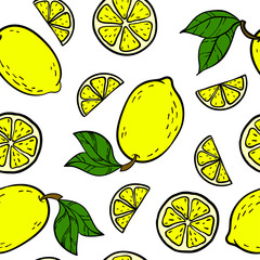 Beautiful yellow, black and white seamless doodle pattern with cute doodle lemons sketch. Hand drawn trendy background. design background greeting cards, invitations, fabric and textile.