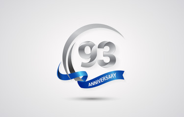 93 Years Anniversary Celebration Logotype. Silver Elegant Vector Illustration  with Swoosh,  Isolated on white Background can be use for Celebration, Invitation, and Greeting card