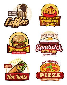 Fast food restaurant meal retro labels design
