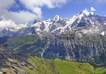 Fototapeta na wymiar Summer in the Swiss Alps, Murren area, overlooking the Eiger, Monch, Jungfrau and Birg summits