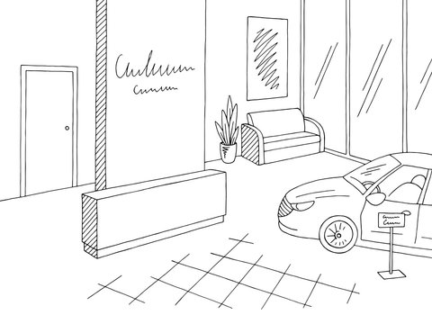 Car Showroom Graphic Black White Store Interior Sketch Illustration Vector