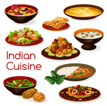 Indian cuisine meal icons and dishes