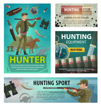 Hunting sport cards of hunter, rifle and equipment