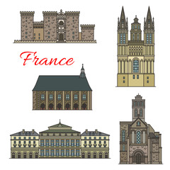 French travel landmark icons with tourist sights