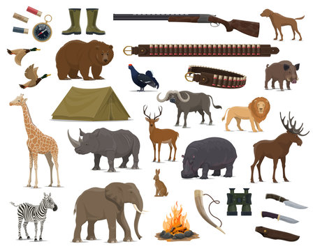 Hunting sport weapon, wild animals and bird icons