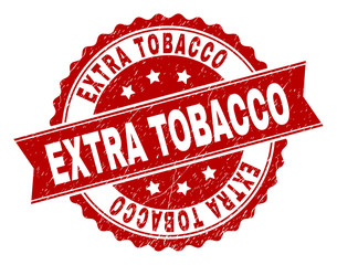Obraz premium EXTRA TOBACCO seal print with corroded texture. Rubber seal imitation has circle medal shape and contains ribbon. Red vector rubber print of EXTRA TOBACCO title with corroded texture.
