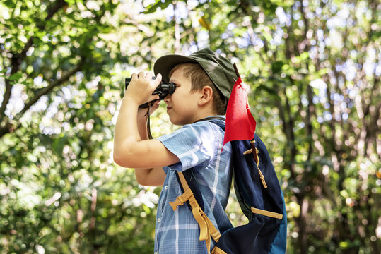 Boy using binoculars in the forest