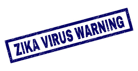 Rectangle ZIKA VIRUS WARNING seal watermark with corroded texture. Rubber seal imitation has rectangle frame. Blue vector rubber print of ZIKA VIRUS WARNING text with corroded texture.