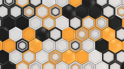 Abstract 3d background made of black, white and orange hexagons on white background