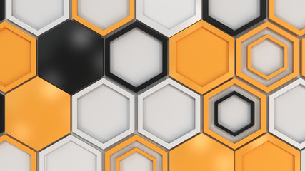 Abstract 3d background made of black, white and orange hexagons on white background