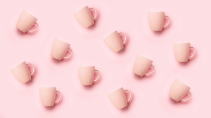 Pattern from pink cups over punchy background. Birthday party celebration, baby shower concept. Pastel colors. Banner. Minimalist style design