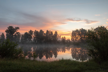 Sunrise on river Abakan in Russia.