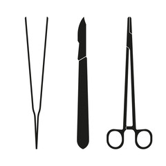 Surgical instruments. Medical scalpel, clamp, forceps or tweezers icon. Surgery symbol. Vector illustration.