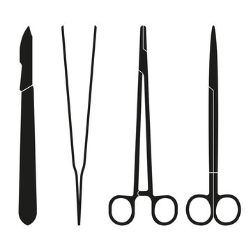 Surgical Instruments. Medical Scalpel, Clamp, Forceps Or Tweezers Icon. Surgery Symbol. Vector Illustration.