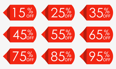 Sale price tag set. Red discount icons or stickers. 15,25,35,45,55,65,75,85,95 percent off. Vector illustration.