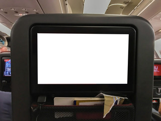 mock up passenger seat screen in economy class for entertainment with pocket for passport and personal belongings