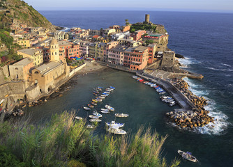 Aerial view of Vernazza vilagge on Mediterranean coast, Cinque Terre, Italy