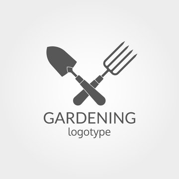 Gardening logo. Garden tools icon. Crossed trowel spade and garden fork. Farming and agriculture symbol. Vector illustration.