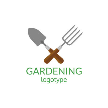 Gardening Logo. Garden Tools Icon. Crossed Trowel Spade And Garden Fork. Farming And Agriculture Symbol. Vector Illustration.