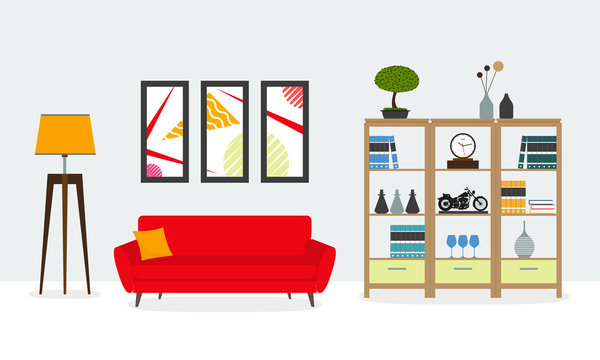 Living room interior. Modern furniture: sofa, bookshelf, lamp, pictures on the wall. House or apartment interior design. Home inside. Vector illustration.