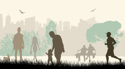 Fototapeta na wymiar People in a city park silhouettes
